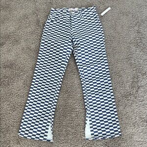 Lisa Says Gah Blue White Geometric Retro Flare Leg Raw Split Cuff Denim Jeans